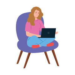 woman working in telecommuting with laptop sitting in chair vector illustration design