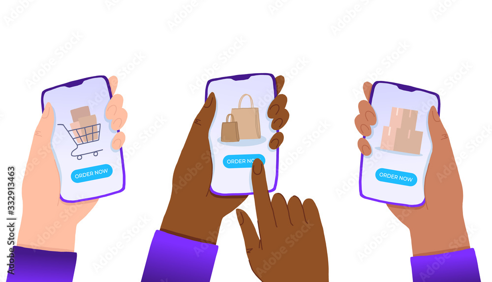 Poster multiracial hands holding smartphone with order now button on the screen. e-commerce flat design con