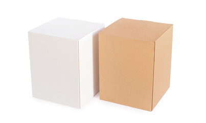 Set of cardboard empty package boxes isolated on white background. Delivery carton box white and brown. Clipping path included.