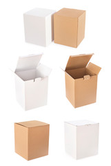 Big set of white and brown cardboard empty box open and close isolated on white background. Delivery carton boxes set.