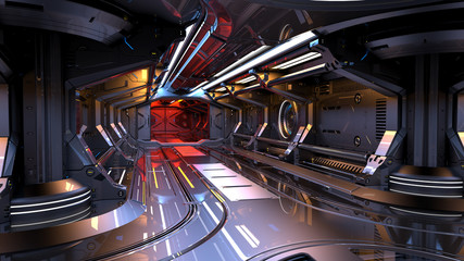 Sci-Fi space station corridor or dark specular futuristic spaceship interior. 3d illustration