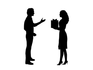 Silhouette of woman gives gift to man