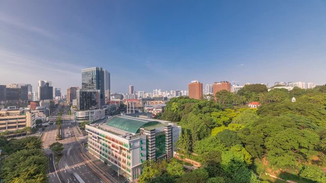 Morning view over Old Hill Street Police Station historic building in Singapore aerial timelapse. Skyscrapers, Fort Canning Park and Clarke Quay on a background. Neoclassical style building with