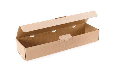 Cardboard empty package open box isolated on white background. Delivery fast food carton box. Clipping path included.