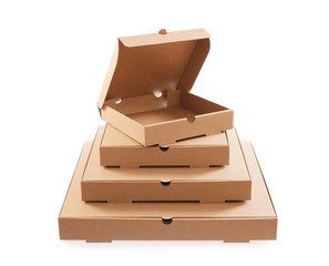 Pizza box for takeaway. Cardboard pizza empty boxes arranged in pyramid. Clipping path included....