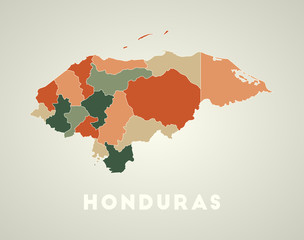Obraz premium Honduras poster in retro style. Map of the country with regions in autumn color palette. Shape of Honduras with country name. Beautiful vector illustration.