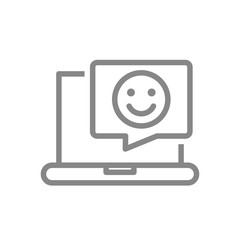 Laptop with happy face in speech bubble line icon. Customer satisfaction, positive feedback, online message symbol