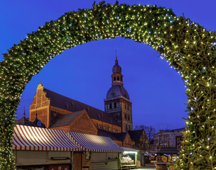 Riga cathedral near the entrance to the Christmas market
