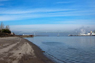 A bridge in the distance over a river