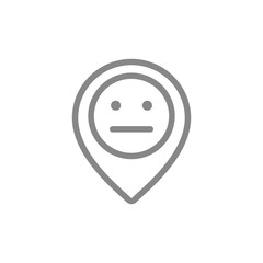 Location mark with neutral face line icon. Customer unsatisfaction, negative feedback symbol