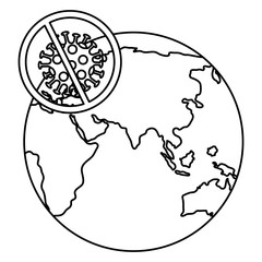 particle of covid 19 with world planet and forbidden sign vector illustration design
