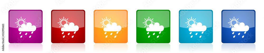 Poster Rain icon set, colorful square glossy vector illustrations in 6 options for web design and mobile applications