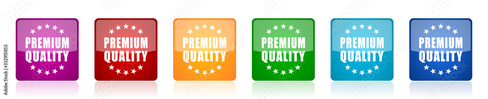Aufkleber premium quality icon set, colorful square glossy vector illustrations in 6 options for web design an