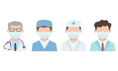 Medical workers in face masks. Virus protection. Doctor icons. Vector illustration