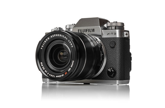 Uzhgorod, Ukraine - March 25, 2020: The Fujifilm X-T3 on white background. The Fujifilm X-T3 is a weather-resistant mirrorless interchangeable-lens camera.