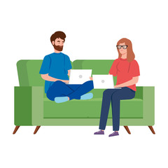 couple working in telecommuting with laptop in couch vector illustration design