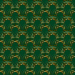 Art Deco seamless pattern. Art deco golden sun pattern on a green background. The pattern overlaps each other. Stock vector seamless pattern. Art Deco for textile, packaging, background, cover.