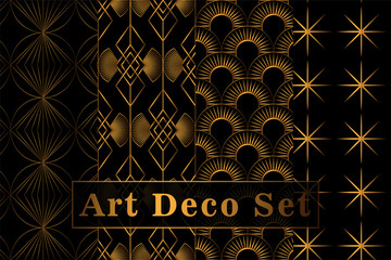 Art Deco gold seamless pattern set. Art deco pattern circles on a black background. Vector seamless pattern. Art Deco for textile, packaging, background, cover, etc. Eps 10