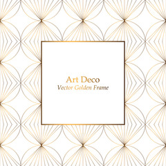 Elegant Art Deco golden pattern frame. Geometric pattern white background. Vector frame for invitations, greeting covers, wedding invitations. Square frame with white place for your text.
