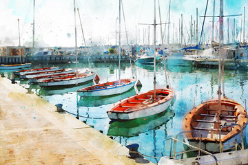 abstract watercolor style image of nautical concept with marina, sea and boats