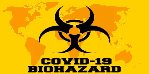 world map with covid 19 biohazard symbol