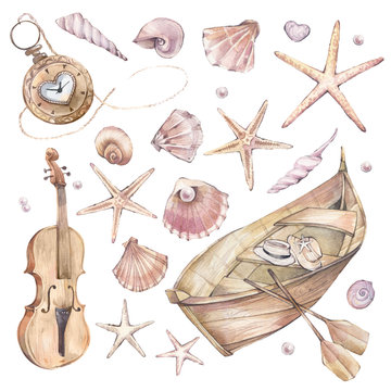 Romantic set of old style pocket watch, violin, wooden boat, starfish, pearls and  seashells.