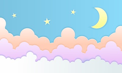 Paper art colorful fluffy clouds, moon and stars background