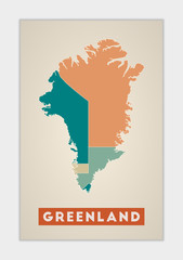 Greenland poster. Map of the country with colorful regions. Shape of Greenland with country name. Astonishing vector illustration.