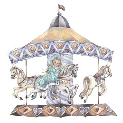 A little girl on a carousel. Hand drawn watercolor illustration. © Aleksandra Foster