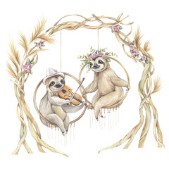 Romantic composition of a sloth wedding in boho style. Hand drawn watercolor illustration.  © Aleksandra Foster
