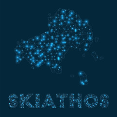 Skiathos network map. Abstract geometric map of the island. Internet connections and telecommunication design. Vibrant vector illustration.