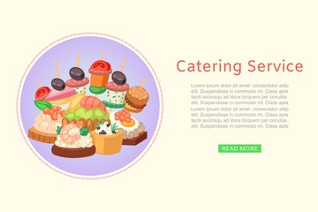 Catering service of restaurant food delivery for party with dishes from menu, canape vector illustration. Catering business service with food web banner.