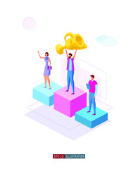 Trendy flat illustration. Winners on the podium. Best team ever concept. Goal achievement. Golden cup. Successful teamwork. Template for your design works. Vector graphics.