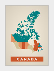 Canada poster. Map of the country with colorful regions. Shape of Canada with country name. Cool vector illustration.