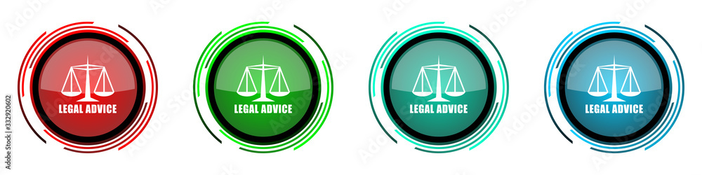 Poster Legal advice round glossy vector icons, set of buttons for webdesign, internet and mobile phone applications in four colors options isolated on white background