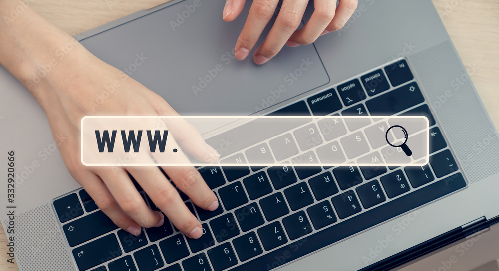 Wall mural searching browser online, women using laptop and type keyboard.