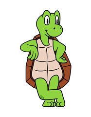 Cartoon Animal Turtle or Tortoise. Raster illustration. For pre school education, kindergarten and kids and children. For print and books, zoo topic. Smiling with happy face. friendly reptile posing