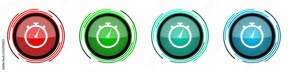 Poster stopwatch round glossy vector icons, set of buttons for webdesign, internet and mobile phone applications in four colors options isolated on white background