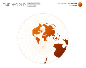 Triangular mesh of the world. Stereographic of the world. Yellow Orange Brown colored polygons. Modern vector illustration.