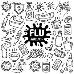 Flu Black and White Doodle Illustration.