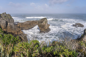 Tasman sea shore at Pancake Rocks park, Punakaiki, West Coast, New Zealand