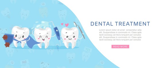 Dental tratment cute healthy white teeth with dental health care tools against microbes cartoon vector illustration for children dentist cabinet. Dental care banner for kids, funny dentistry.