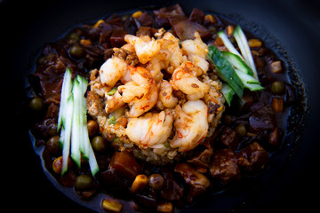 fried rice with shrimp and black bean sauce which is called saeubokk-eumbab in Korea