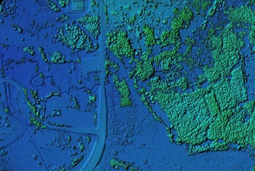 DEM - digital elevation model. Hipsometric photo taken from a drone. It shows forest area during recultivation with a lot of trees.