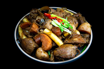 Korean chicken stew with soy sauce, glass noodle, rice cake and vegetables
