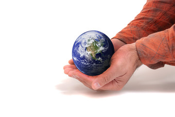 man hands holding Planet Earth