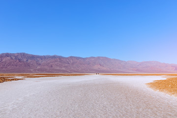 View of the Basins salt flats, Badwater Basin, Death Valley, Inyo County, salt Badwater formations in Death Valley National Park. California, USA