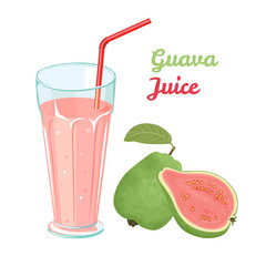 Guava tropical fruit juice in glass cup with straw Isolated on white background. Vector illustration of fresh fruit in cartoon flat style. Natural vitamin drink.