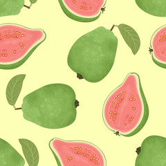 Guava tropical fruit on a yellow background. Food seamless pattern. Vector illustration in cartoon flat style.