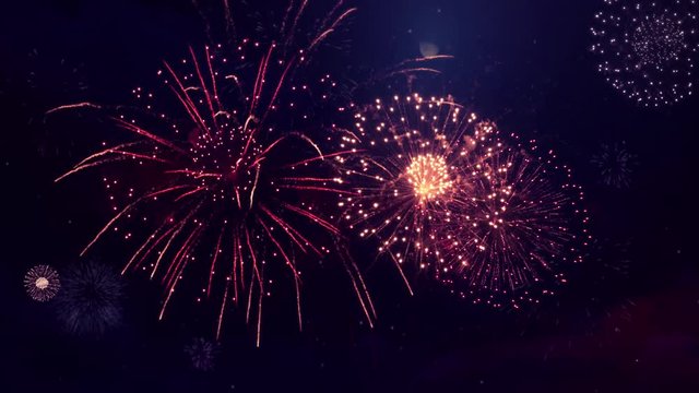 Real Fireworks Display show on Deep Black Sky Loop Animation Background. Birthday, Anniversary, Celebration, Holiday, new year, Party, Invitation, Christmas, festival, greeting, Diwali, Wedding